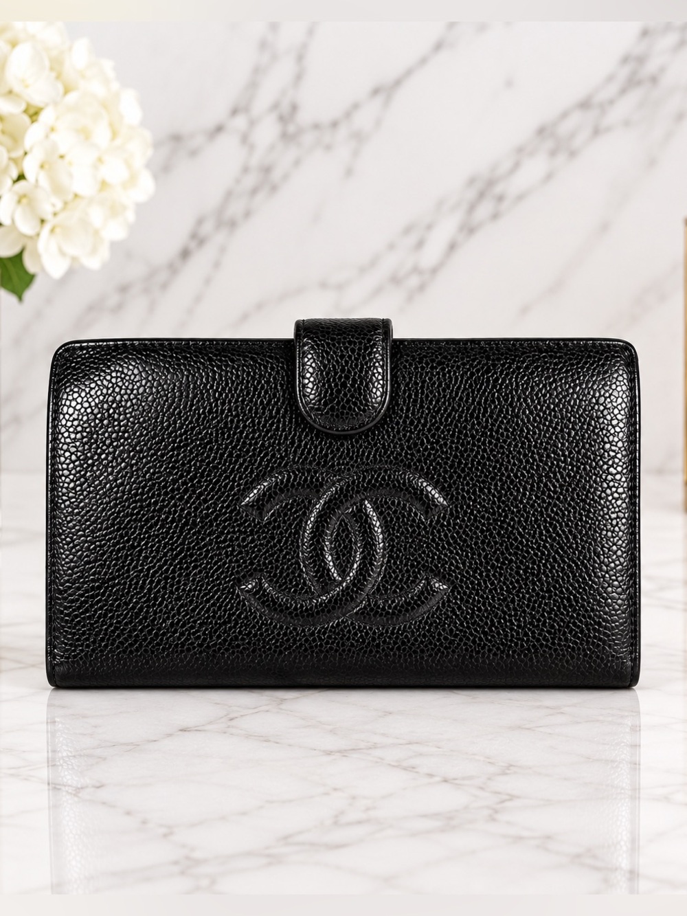 Chanel Black Caviar Leather Long Snap Bifold Wallet | Vintage CC Logo